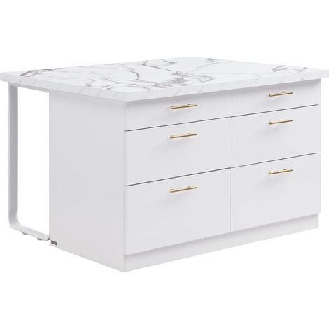 Vente-Unique – Îlot central de cuisine 126x104 cm avec 6 tiroirs en MDF et métal – Finition effet marbre blanc – 2 places