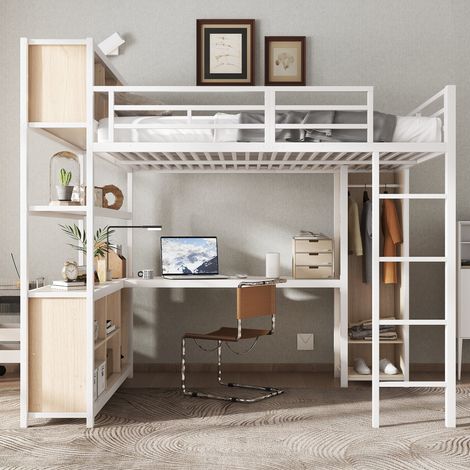 Lit en fer superposé 140x200cm,rangements sous bureau,lit supérieur rangement,armoire,fer+carton,blanc+naturel