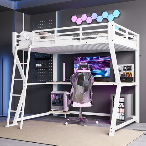 MEUBLIV Lit mezzanine 90x200 cm blanc – bureau, LED et USB, sans matelas (1/5)