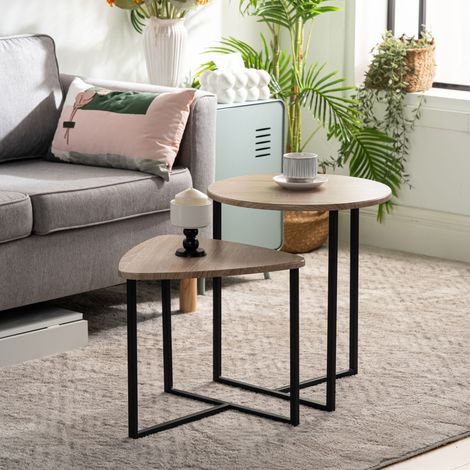 MEUBLES COSY Tavolino da caffè rotondo e triangolare, set da 2, tavolino laterale, tavolino da divano, stile contemporaneo, vassoio rimovibile, struttura in acciaio, per soggiorno - legno naturale