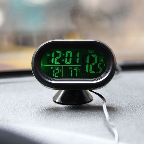 Orologio digitale per auto tre in uno: voltmetro e termometro interno/esterno, con retroilluminazione bicolore. (1/2)