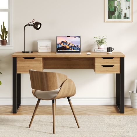 1305576cm, escritorio minimalista de acero y madera, recubrimiento de melamina, rieles de cajón robustos, tres cajones para almacenamiento, color madera + negro. (1/5)