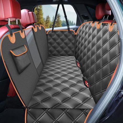 Tappetino per seggiolino auto per animali domestici con protezione laterale e finestrella di visualizzazione, resistente ai graffi e all'acqua, 135 x 145 cm, nero con bordo arancione. (1/5)
