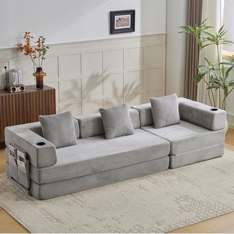 Sofá cama plegable (277.5x92.5x60 cm), convertible, con bolsillos laterales y portavasos, tejido de pana, gris claro (1/5)