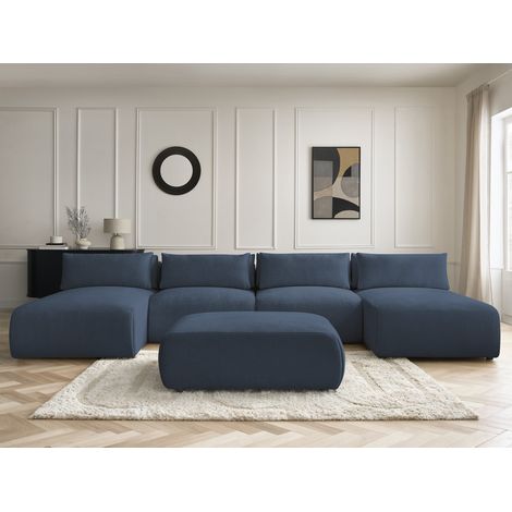 BOBOCHIC - Canapé panoramique fixe modulable avec têtières JANA tissu chiné avec 2 méridiennes, 2 chauffeuses et 1 grand pouf   Bleu (1/5)