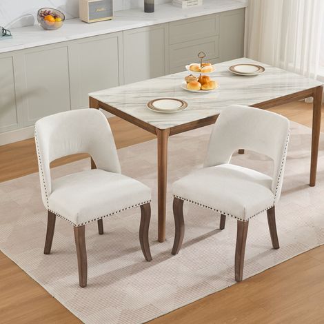 Ensemble de 2 chaises Dossier enveloppant Design ajouré Revêtement en chenille clous en cuivre couleur beige (1/5)