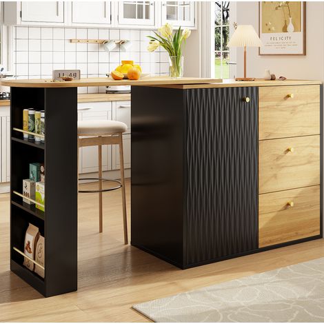 Sideboard bar en MDF noir 138 à 204 x 39 x 104 cm, pivotant à 360°, extensible, 3 tiroirs et rangements (1/5)