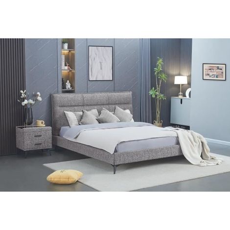 Lit en tissu avec tête de lit - FRANCISCO - Gris 160 X 200 CM - Bois - A lattes - Contemporain - Design