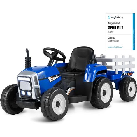 COSTWAY Trattore con Rimorchio Cavalcabile per Bambini 12V, Trattore Elettrico Telecomandato, con Luci e Suoni, 30kg, 3+ Anni (Blu) (1/5)
