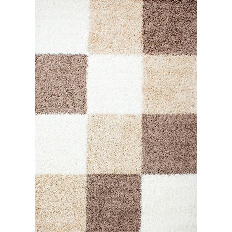 Tapis Shaggy Poils Longs Motifs Carreaux (Beige / Blanc / Mocca - 160x230cm) (1/5)
