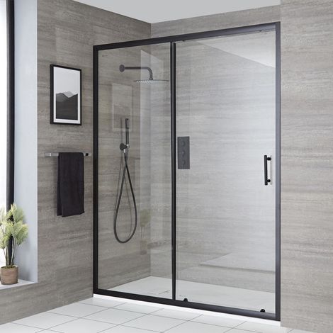 Milano Nero Black Reversible Walk In Wet Room Sliding Door Shower Enclosure with White Slate Effect Tray and Fast Flow Waste - 1000mm x 800mm (1/5)