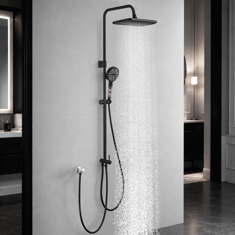 Colonne de Douche Noire sans Mitigeur, Douche de Tête, Douchette 6 Jets avec Filtre, Hauteur Réglable 900–1150 mm, sans Percement Supplémentaire