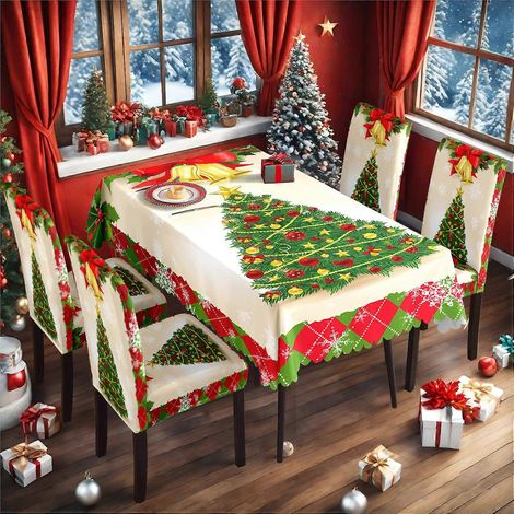 Ensemble de nappes, sets de table, décorations de Noël pour la salle à manger et la cuisine, nappes et housses de chaises de Noël imprimés numériquement (TC-156) (1/4)