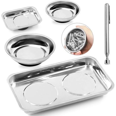 Bandeja de herramientas de acero inoxidable de 5 piezas, 2 formas, redonda y cuadrada, con kit surtido de herramientas de recogida magnética de 3 lb, soporte para bandeja de piezas magnéticas. (1/5)