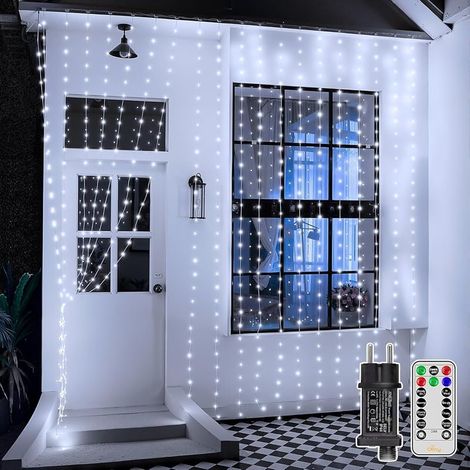 Guirlande lumineuse Rideau 3×3m 300 LED, Rideau Lumineux Extérieur avec 8 Modes, Étanche IP67, Télécommande, Minuterie et Dimmable, pour Noël Porte Mur Fête Fenêtre Balcon (Blanc)