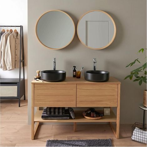 Mueble doble 120cm roble lavabos negros grifos espejos atoll