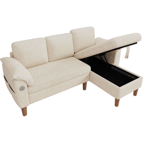 L-förmiges Ecksofa mit Stauraum-Chaiselongue, USB Type-C, beige Chenille MODENUIT (1/5)