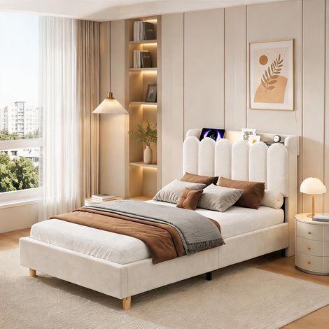 Cadre de lit beige en velours 218,5 x 95 x 91,5 cm (1/5)