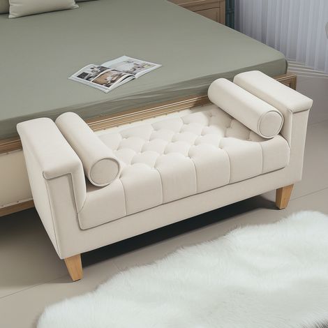Banc rembourré en chenille avec 2 coussins cylindriques, 115 x 44 x 58 cm, beige DESVIAE (1/5)