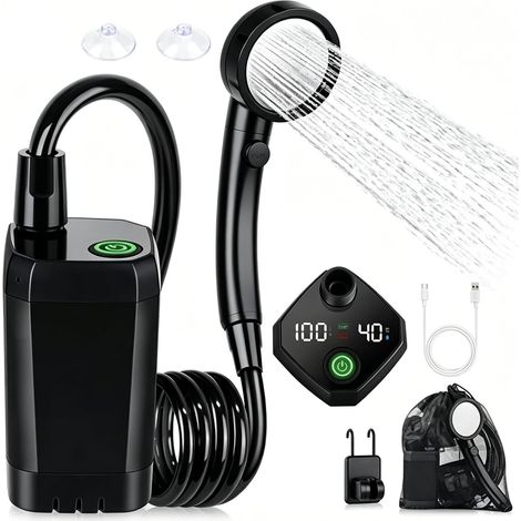 Douche de camping portable, douche de camping avec pompe et indicateur de température, kit de douche d'extérieur pour randonnée, voyage, lavage de voiture, bain d'animaux, arroser les (1/5)