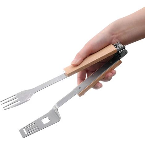 Outil multifonction 4 en 1 pour barbecue pliable en acier inoxydable : pelle, fourchette, pince et ouvre-bouteille, idéal pour le camping et les grillades en plein air. (1/5)