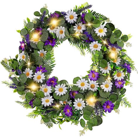 Couronne d'été pour porte : Couronne de lavande artificielle - Décoration florale LED printanière et estivale pour porte, mur, fenêtre, style champêtre, fête ou vacances (1/4)