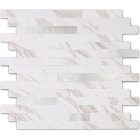 Lot de 5 feuilles de carrelage en bois et métal à décoller et coller pour dosseret de cuisine, salle de bains, buanderie, camping-car, cheminée (30,5 x 30,5 cm, métal calaire)