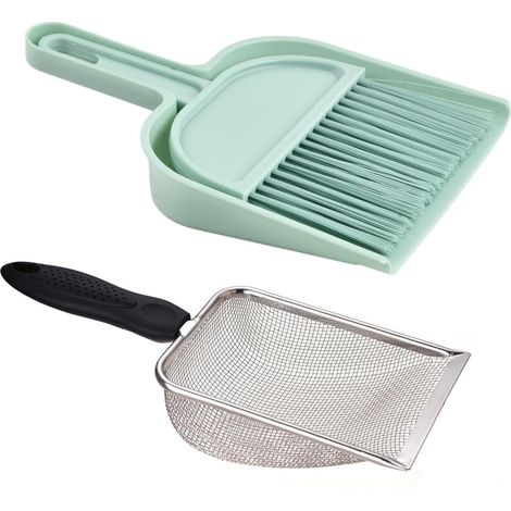 Cat Litter Scoop, Stainless Steel Sand Sieve with Plastic Scoop and Brush Set, Cat Litter Scoop with Handle, for Cats, Hamsters, Birds, Reptiles (1/5)