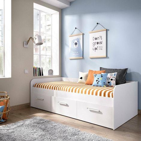 Dmora - Kinderbett Adamello, Bettkasten für Schlafzimmer, Struktur für Einzelbett mit 3 Schubladen, 194 x 97 x 60 cm, Weiß (1/5)
