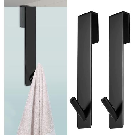Porte-serviettes de salle de bain en 2 parties avec crochets en verre noir pour parois de douche. Convient pour suspendre serviettes de toilette, éponges de bain, pyjamas, etc. (1/5)