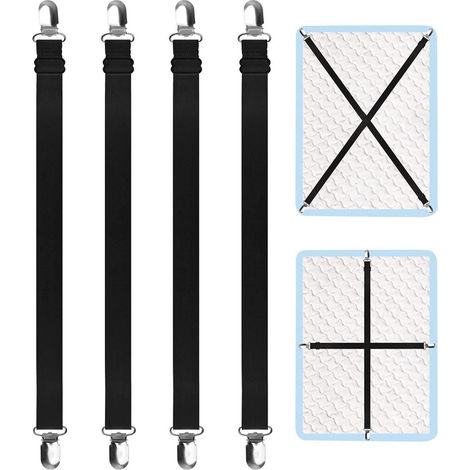 4x Tendeurs de drap réglables avec clips métalliques, jusqu'à 200cm, Noir
