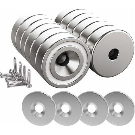 12 pièces Aimants en néodyme 10 KG force 20 x 7 mm avec trou et capsule, aimant en pot fraisé avec vis et 12 coussins en acier (Argent Brillant) thsinde-- (1/4)