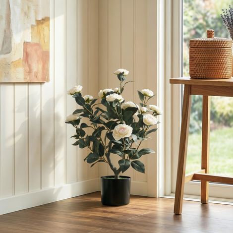 Planta Artificial de Camelia 65cm Árbol Artificial en Maceta con Flores de Seda Realistas 116 Hojas Efecto Musgo Blanco (1/5)