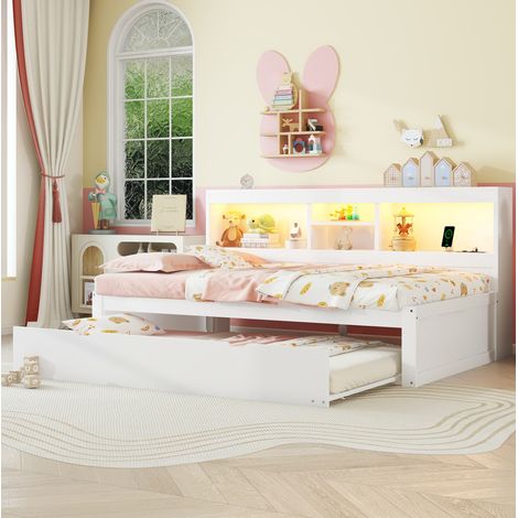 DESVIAE Lit de jour enfant 90 x 200 cm avec lit gigogne LED étagères latérales prise USB blanc (1/5)