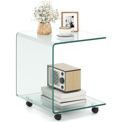 COSTWAY 2 Tier Coffee Table with Lockable Wheels Glass End Table for Living Room Transparent (1/5)