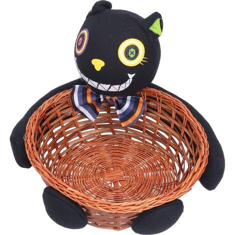 Panier à bonbons, joli panier à bonbons en bambou tressé avec poupée pour décoration de fête, panier à bonbons aux fruits, cadeau d'Halloween, noir