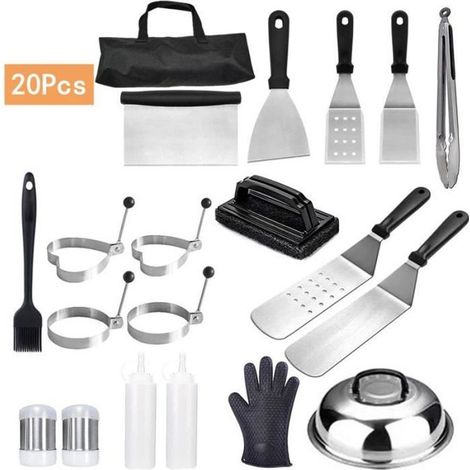 Kit de barbecue, 20 accessoires pour barbecue, ustensiles, spatules et grattoir en acier inoxydable (1/4)