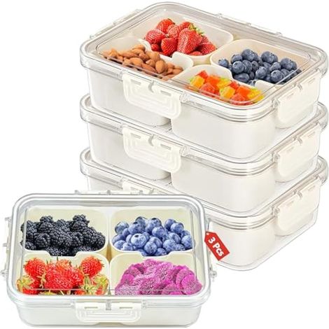 Boîte à snacks compartimentée, plateau à snacks avec 4 compartiments amovibles, boîte de service divisée avec couvercle, contenant alimentaire réutilisable pour bonbons, fruits, voyage, pique-nique (3 (1/5)