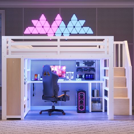 Letto a soppalco in metallo 140x200 cm per adulti e bambini con scrivania, illuminazione a LED, porta USB, armadio aperto, scaletta contenitore, bianco (1/5)