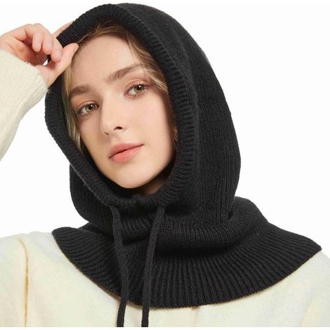 Balaklava unisexe, bonnet et écharpe chauds en maille, cache-cou élégant et chaud en un, bonnet en laine tricotée, noir (1/5)