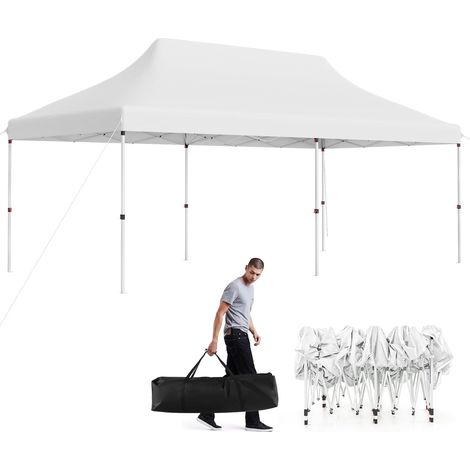 COSTWAY Tonnelle de Jardin Escamotable Pliable 300x600CM, Tente de Fête Imperméable Protection Solaire 3 Hauteurs 296/306/316 cm avec Sac de Rangement, pour Marché Patio Camping(Blanc 3 x 6 m)