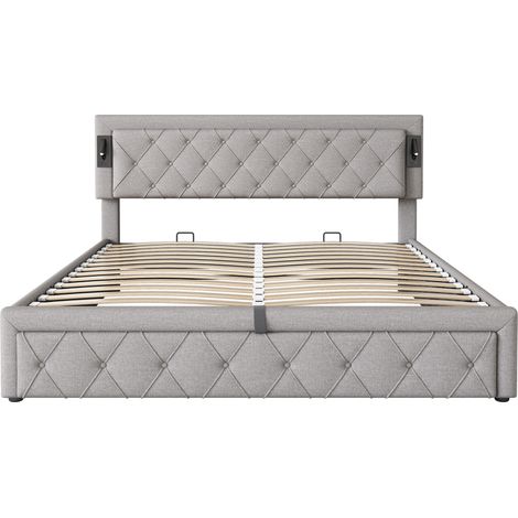 Cama tapizada 180 x 200 cm con LED, puertos USB, almacenaje hidráulico, lino gris (1/5)