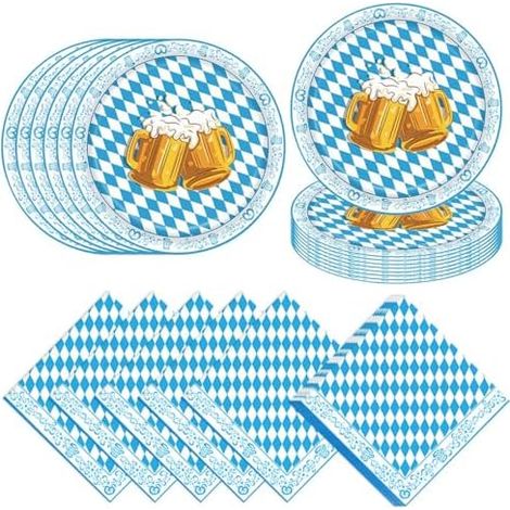 Set 80 Pièces Oktoberfest, Serviettes 40, Assiettes 40, Bleu Blanc, Fête, Grillade, Bière, Extérieur, Papier (1/5)