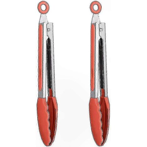 Pinces de cuisine en acier inoxydable avec clips en silicone, ensemble de deux pièces de couleur rouge. (1/5)