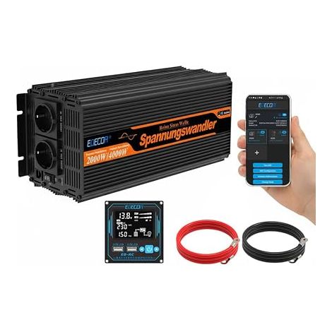 Convertisseur 12V 220V/230V Pur Sinus 2000w – Mode ECO, avec App, télécommande, 2X USB – Compatible avec Batteries (Lithium, Agm, Gel, FLD) – pour Camping-Car, Voiture, Maison, Solar– Onduleur (1/5)