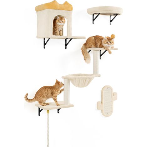 Yaheetech Parete da Arrampicata per Gatti, Set di 4 Mensole da Parete con Tiragraffi, Casetta, Cesta e Palla Sospesa, Mobili da Parete per Gatti in Peluche per Dormire e Giocare Grigio Sscuro (1/5)