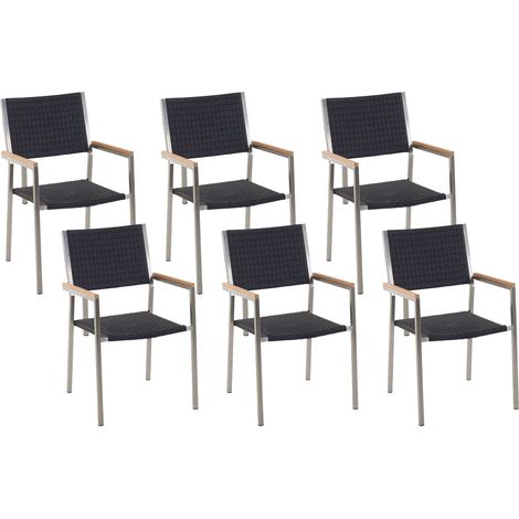 Set di 6 Sedie da Giardino in Simil Rattan Nero e Gambe in Acciaio Inox Grosseto