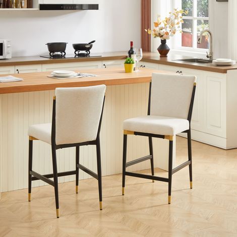 Lot de 2 tabourets de bar scandinaves, cadre noir et or, assise en tissu crème, avec repose-pieds (1/5)