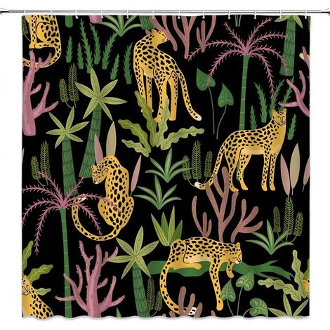 Rideau de douche bohème guépard, rideau de bain léopard tropical, rideau de salle de bain rose moderne à motif floral bleu et phases de lune, 300 x 180 cm - 118 x 70 pouces