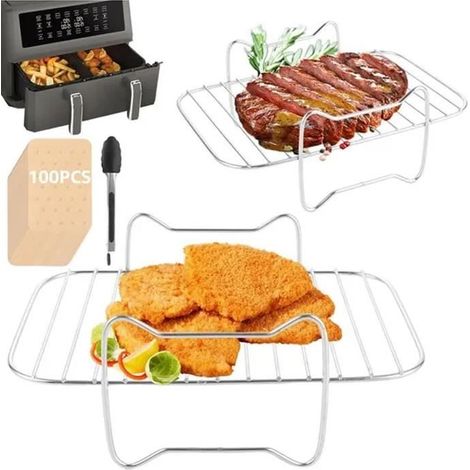 FOLAYA Lot De 2 Grilles De Cuisson Pour Friteuse À Air Chaud,En Acier Inoxydable,Avec 100 Feuilles De Papier Sulfurisé Et 1 Clip (1/4)